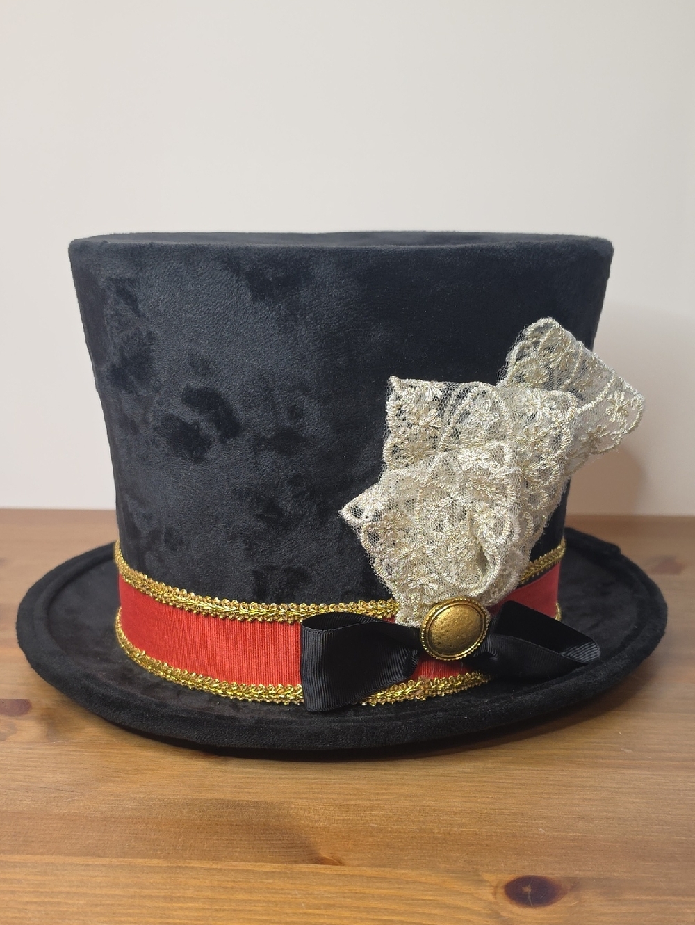 Black Velvet Top Hat with Red Band and Gold Lace Accent